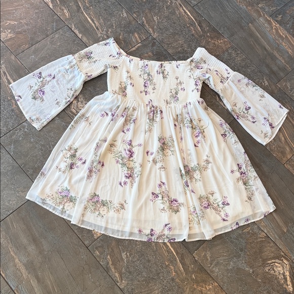 Torrid ivory and purple floral smocked chiffon off-the-shoulder dress - Picture 5 of 15